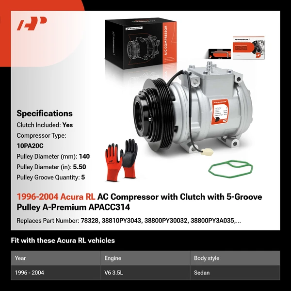 1996-2004 Acura RL AC Compressor with Clutch with 5-Groove Pulley A-Premium APACC314