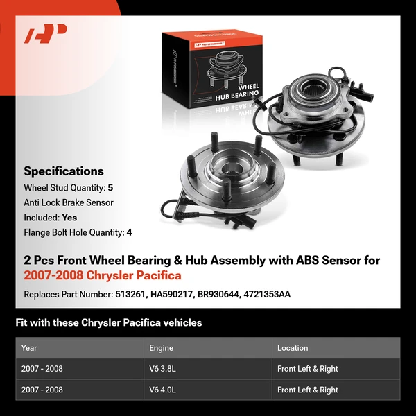 2 Pcs Front Wheel Bearing & Hub Assembly with ABS Sensor for 2007-2008 Chrysler Pacifica