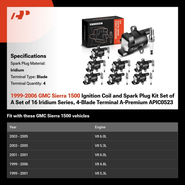 1999-2006 GMC Sierra 1500 Ignition Coil and Spark Plug Kit Set of A Set of 16 Iridium Series, 4-Blade Terminal A-Premium APIC0523