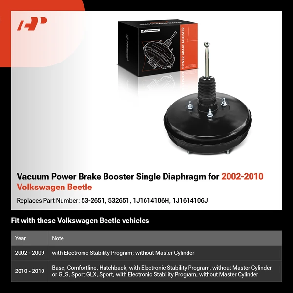 Vacuum Power Brake Booster Single Diaphragm for 2002-2010 Volkswagen Beetle
