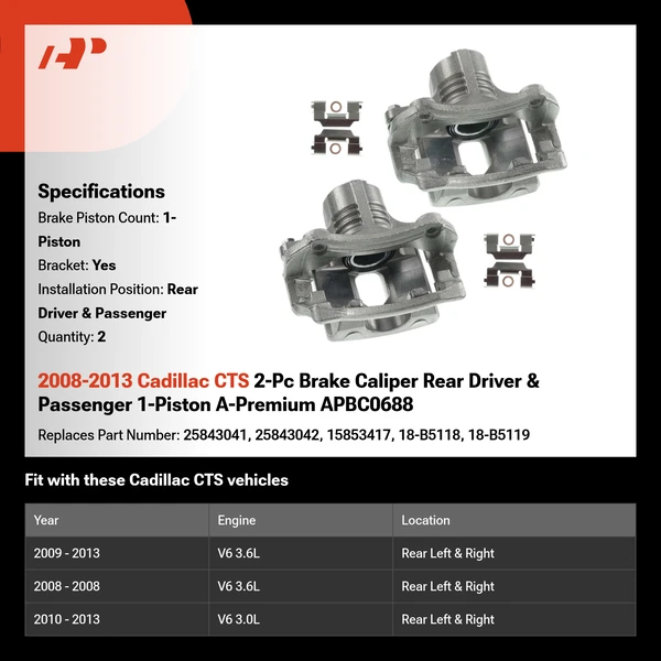 2008-2013 Cadillac CTS 2-Pc Brake Caliper Rear Driver & Passenger 1-Piston A-Premium APBC0688