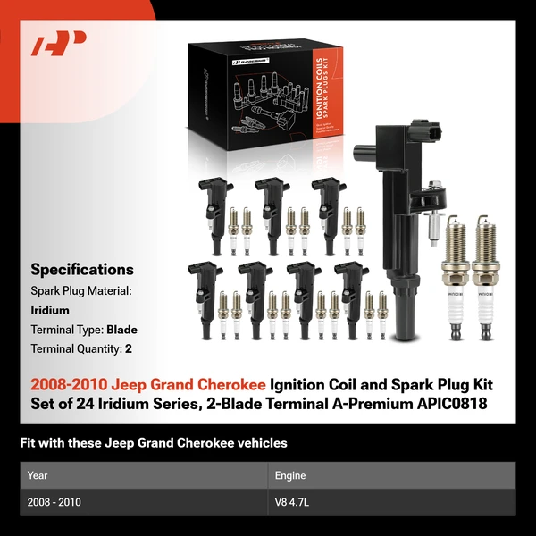 2008-2010 Jeep Grand Cherokee Ignition Coil and Spark Plug Kit Set of 24 Iridium Series, 2-Blade Terminal A-Premium APIC0818