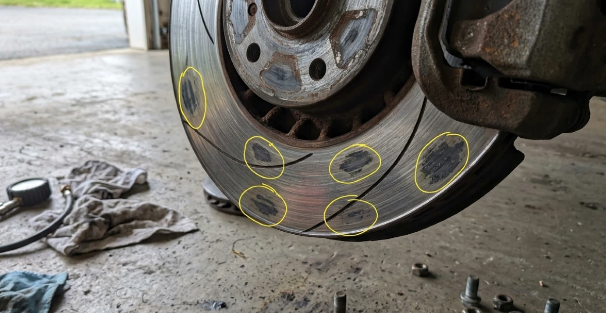 Uneven Pad Material Transfer (Hot Spots) on a Rotor Surface.