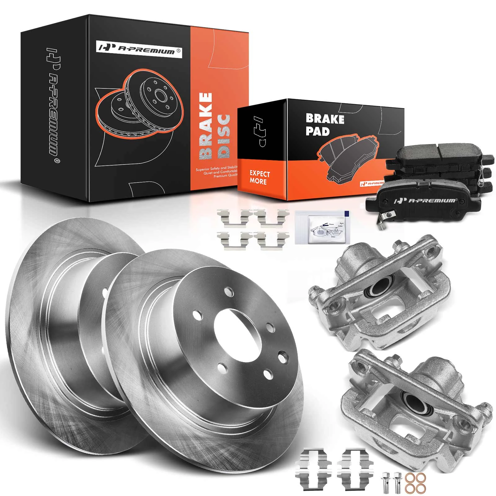 Brake Rotor + Brake Pad + Brake Caliper, Set of 8, Rear Driver & Passenger, A-Premium APBRPR610