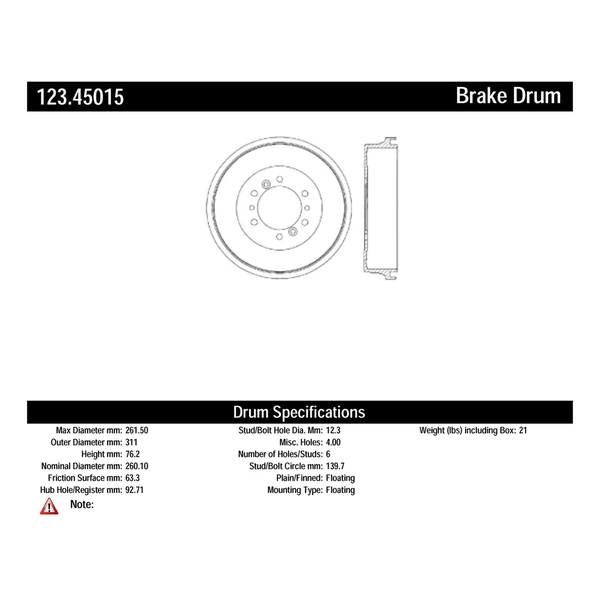 Brake Drum - Rear Side - Centric 123.45015