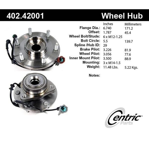 Wheel Bearing and Hub Assembly - Front Side - Centric 402.42001