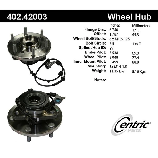 Wheel Bearing and Hub Assembly - Front Side - Centric 402.42003