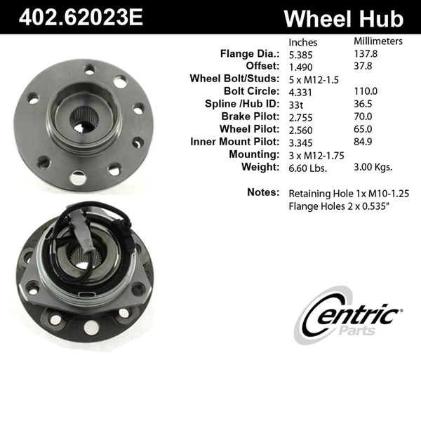 Wheel Bearing and Hub Assembly - Front Side - Centric 402.62023E