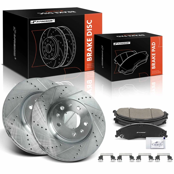 2003-2007 Cadillac CTS Drilled & Slotted Disc Brake Rotors and Ceramic Pads Kit, 6 Pcs, Front Driver & Passenger, A-Premium, APBRPS1446