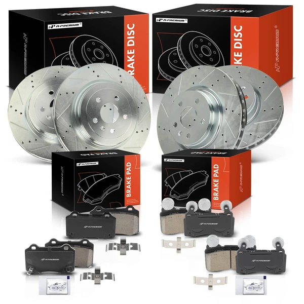 2013-2016 Tesla S Drilled & Slotted Disc Brake Rotors and Ceramic Pads Kit, 12 Pcs, Front & Rear, A-Premium, APBRPS1321