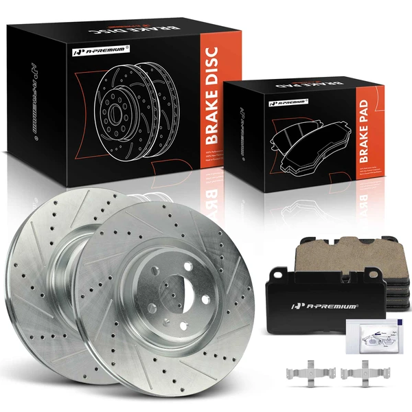 2014-2017 Audi Q5 Drilled & Slotted Disc Brake Rotors and Ceramic Pads Kit, 6 Pcs, Front Driver & Passenger, A-Premium, APBRPS1284