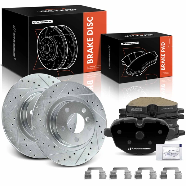 2011-2017 BMW X3 Drilled & Slotted Disc Brake Rotors and Ceramic Pads Kit, 6 Pcs, Rear Driver & Passenger, A-Premium, APBRPS1398