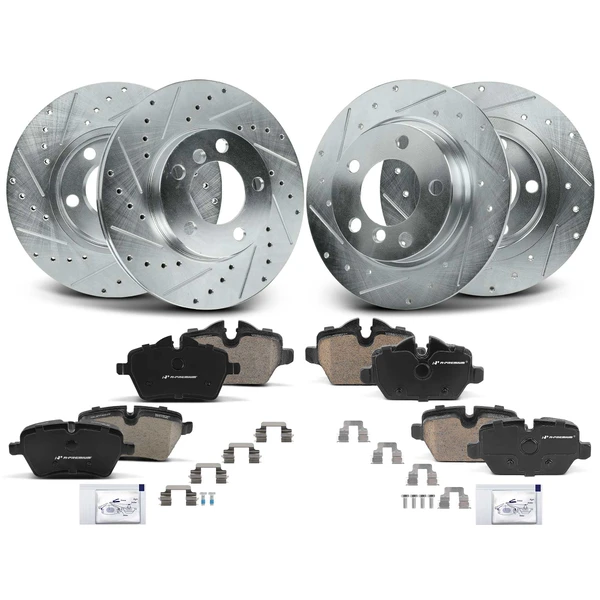 2013-2016 Mini Cooper Paceman Drilled & Slotted Disc Brake Rotors and Ceramic Pads Kit, 12 Pcs, Front & Rear, A-Premium, APBRPS1352