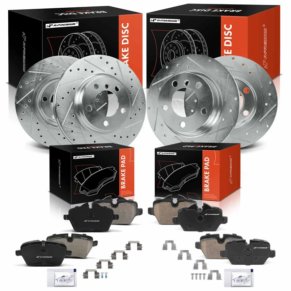 2013-2016 Mini Cooper Paceman Drilled & Slotted Disc Brake Rotors and Ceramic Pads Kit, 12 Pcs, Front & Rear, A-Premium, APBRPS1364
