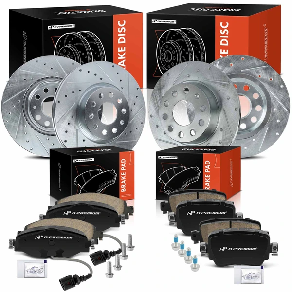 2015 2017 Volkswagen Golf Drilled & Slotted Disc Brake Rotors and Ceramic Pads Kit, 12 Pcs, Front & Rear, A-Premium, APBRPS1443