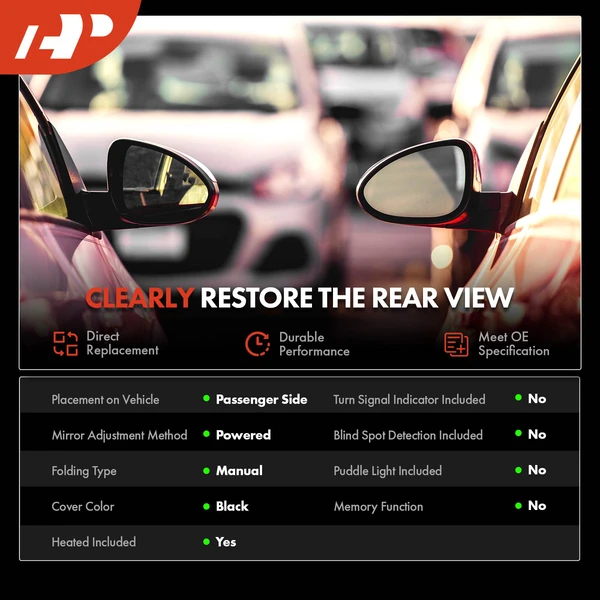 Right Passenger Side Mirror, with Heating, Power Adjustment, Manual Folding, Smooth Black A-Premium APMI1097TW